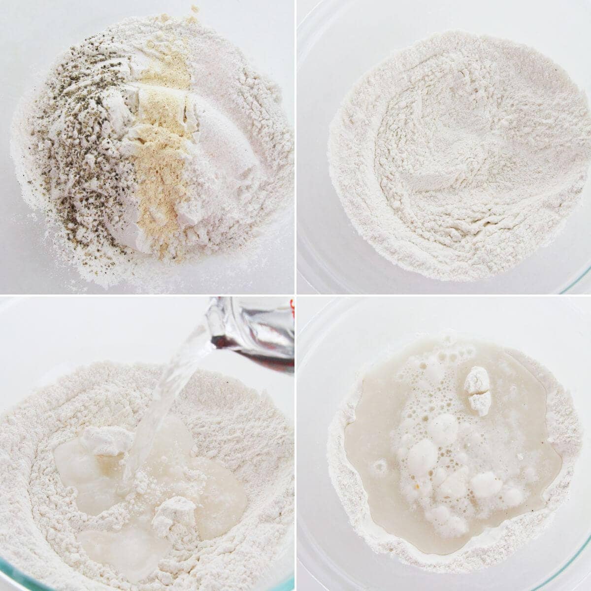 Four-step process of combining dry ingredients in a bowl, mixing, then adding liquid to the flour mixture—perfect for coating your Air Fryer Cauliflower Wings.
