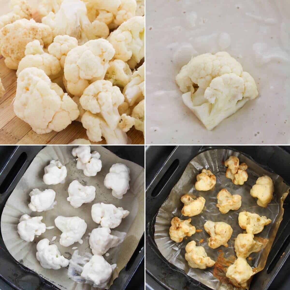 Four-step collage: raw  florets, a floret dipped in batter, battered florets on a baking sheet, then golden brown on parchment paper.