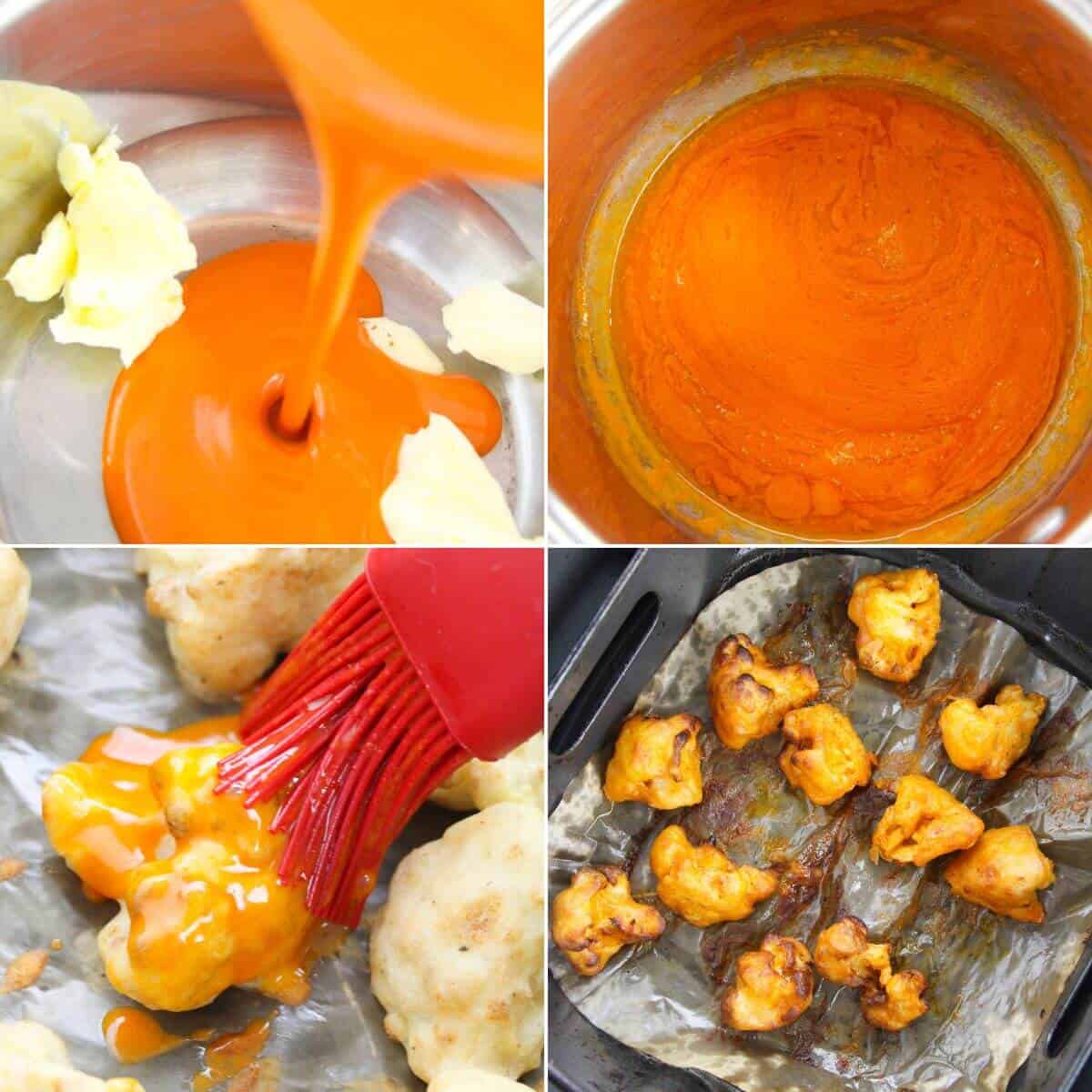 Four-step collage featuring butter and hot sauce mixed, sauce cooked, brushed onto cauliflower, and crispy baked cauliflower pieces on a tray.