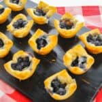 Mini blueberry tarts and Mini Brie Bites with golden crusts are arranged on a black tray, set atop a red and white checkered cloth.