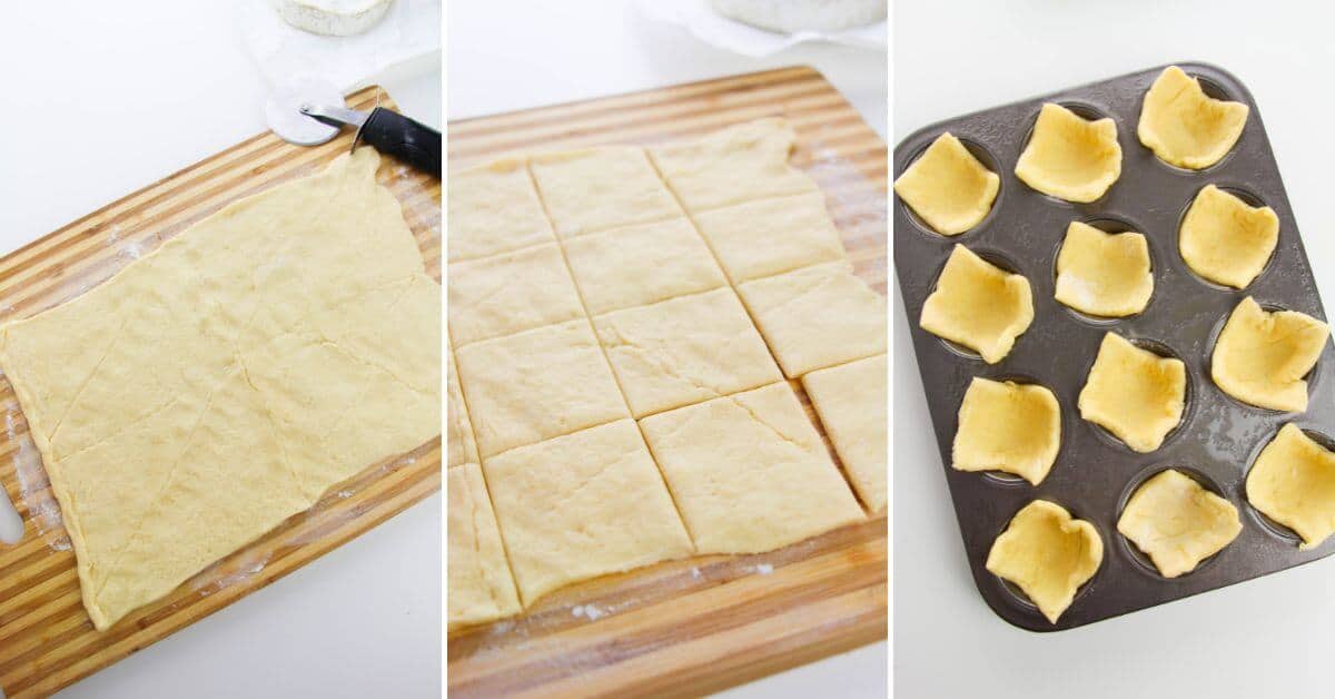 Three-step process: dough rolled out and cut into squares, then squares pressed into a muffin tin to form perfect little pastry cups for delicious appetizers.