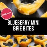 Close-up of Mini Brie Bites featuring baked blueberry filling, golden pastry crusts, and melted cheese, all arranged on a dark baking tray.