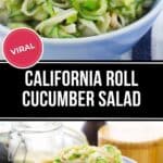 A blue bowl filled with California Roll Cucumber Salad—sliced cucumbers, crab meat, and avocado—sits on a cloth next to a jar and another bowl.