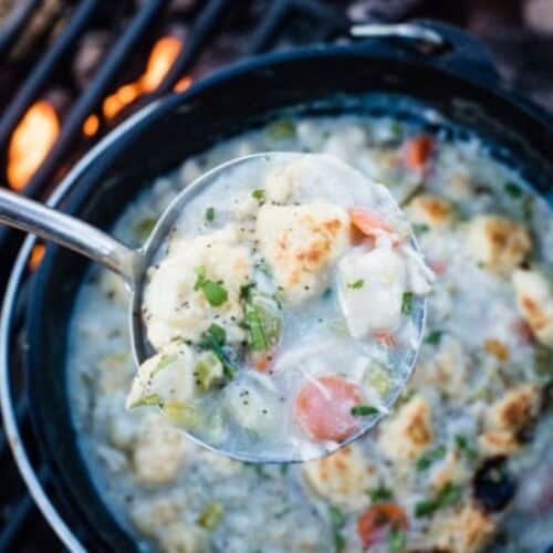 A close-up of a ladle holding a serving of flavor packed, thick stew with vegetables and biscuits, over a pot cooking on a grill—perfect for camping recipes.