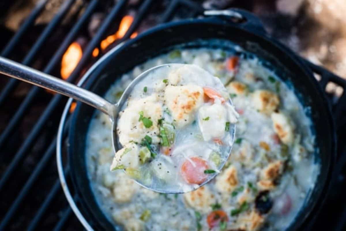 Flavor packed chicken and dumplings with vegetables from a cast iron pot over an outdoor grill.