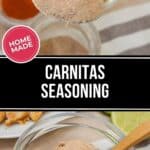A spoon and a bowl of homemade carnitas seasoning blend, surrounded by small bowls of spices, rest on a striped cloth. Bold text reads “Carnitas Seasoning.” Perfect for adding authentic flavor to your favorite dishes.