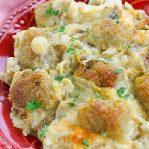 A red plate holds a serving of Chicken Bacon Ranch Tater Tot Casserole, topped with creamy sauce and garnished with chopped parsley.
