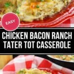 A serving of Chicken Bacon Ranch Tater Tot Casserole on a red plate, featuring crispy tater tots, melted cheese, and a creamy filling, with a side dish in the background.
