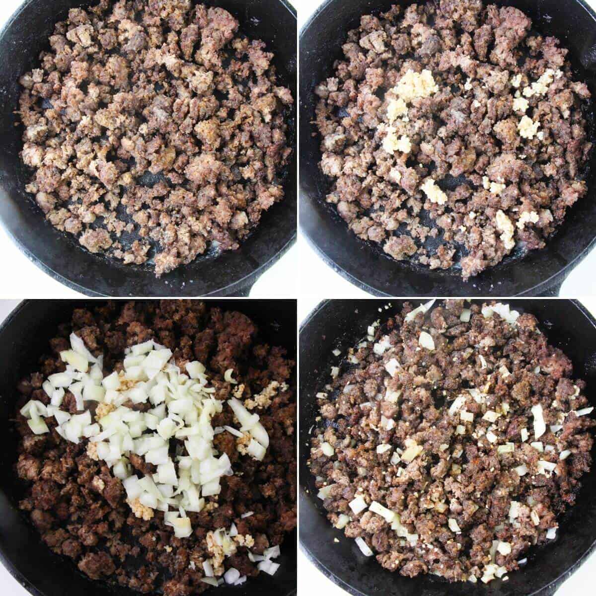 A four-step collage shows ground beef cooking in a skillet for chili pie: plain, with minced garlic added, with chopped onions added, and everything mixed together.
