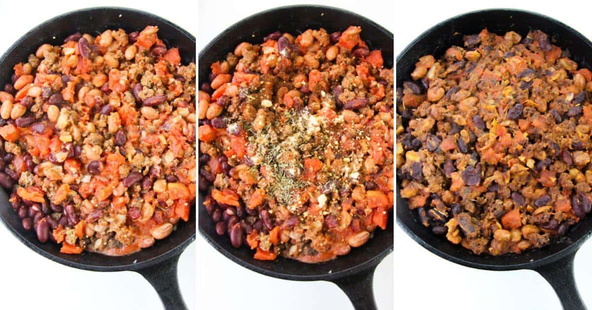 Three stages of making chili pie in a black skillet: initial mix of beans, tomatoes, and meat; addition of spices; final cooked chili with ingredients blended together.