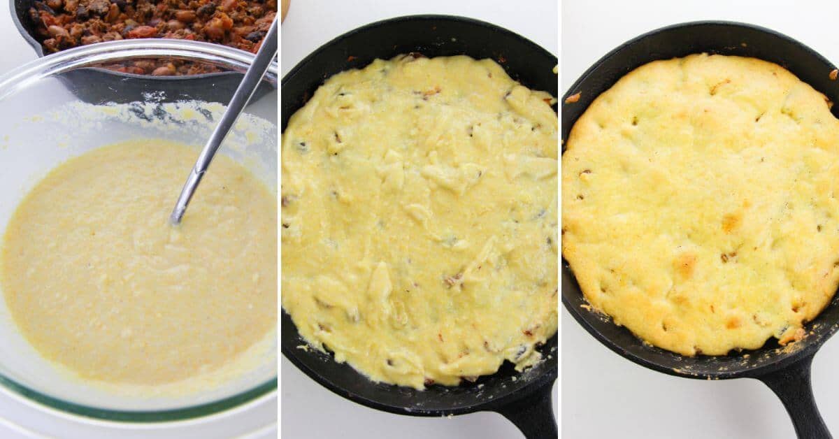 Three-step process of making chili pie cornbread casserole: batter in a bowl, spread in a cast-iron skillet, then baked until golden on top.