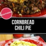 A hearty slice of chili pie sits on a red plate, revealing savory layers of cornbread topping and a rich chili filling packed with beans and ground meat.