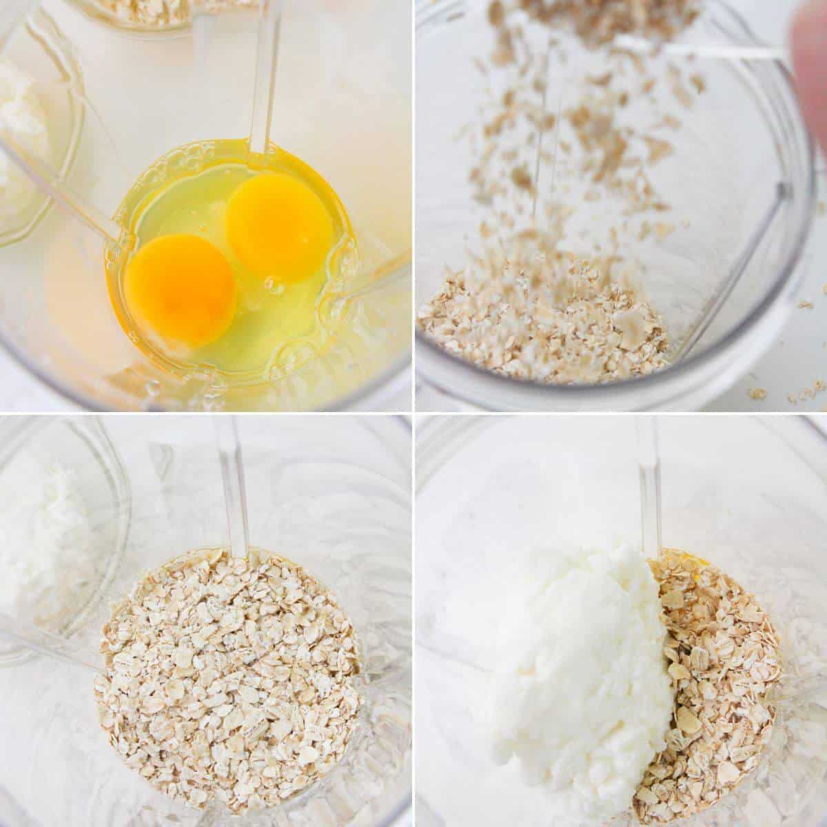 Four images show steps for Cottage Cheese Oat Pancakes: cracked eggs in a blender, oats being poured in, oats inside the blender, and a dollop of yogurt added to the mixture.