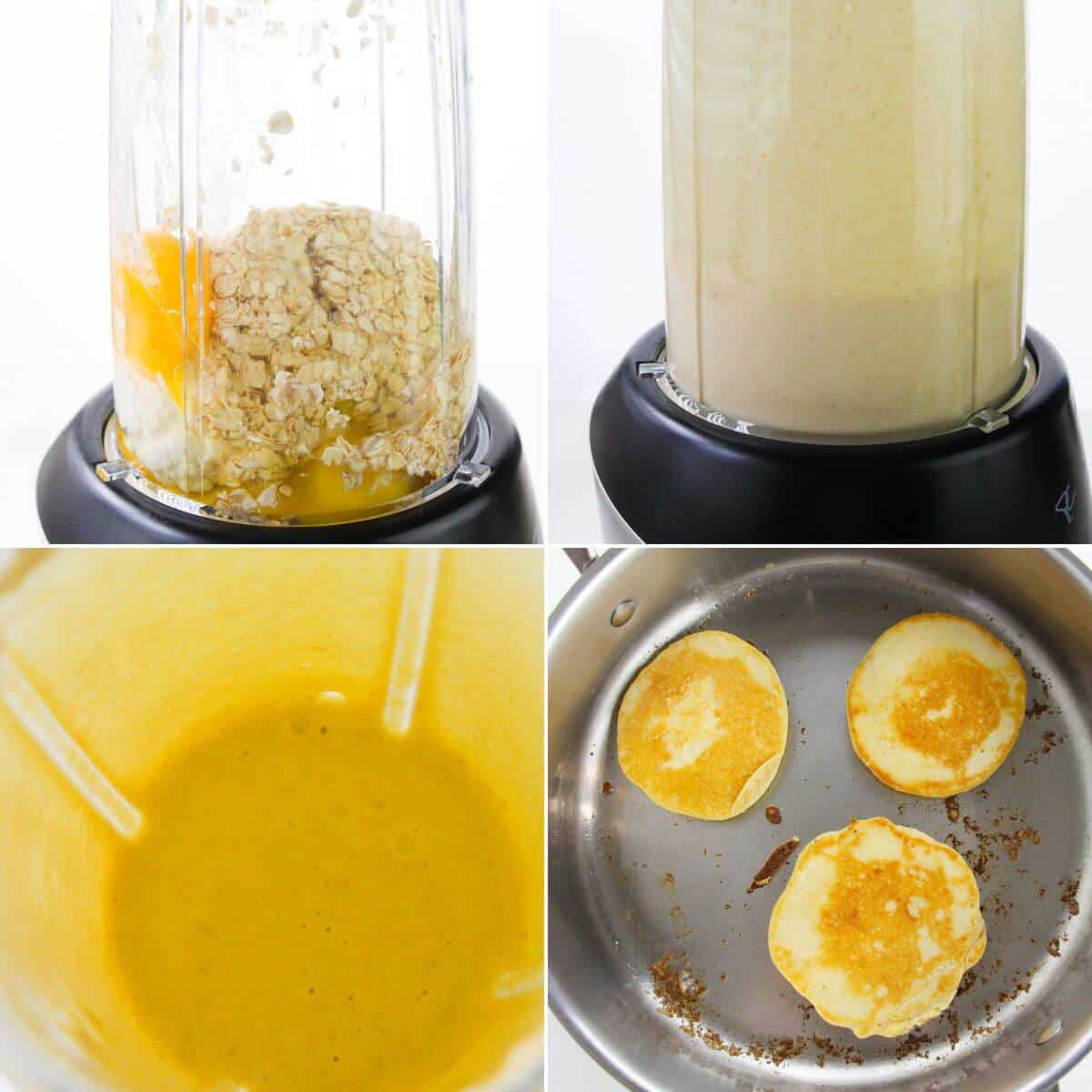 A collage showing oats, eggs, and cottage cheese in a blender forming a smooth batter for Cottage Cheese Oat Pancakes, with three pancakes cooking in a pan.