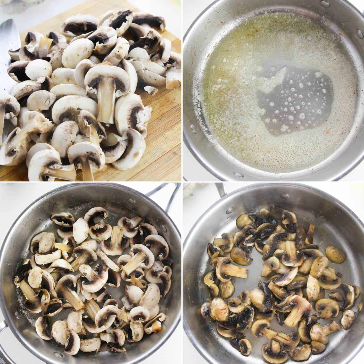 Collage showing sliced mushrooms on a cutting board, melted butter in a pan, mushrooms added to the pan, and cooked mushrooms in the pan.