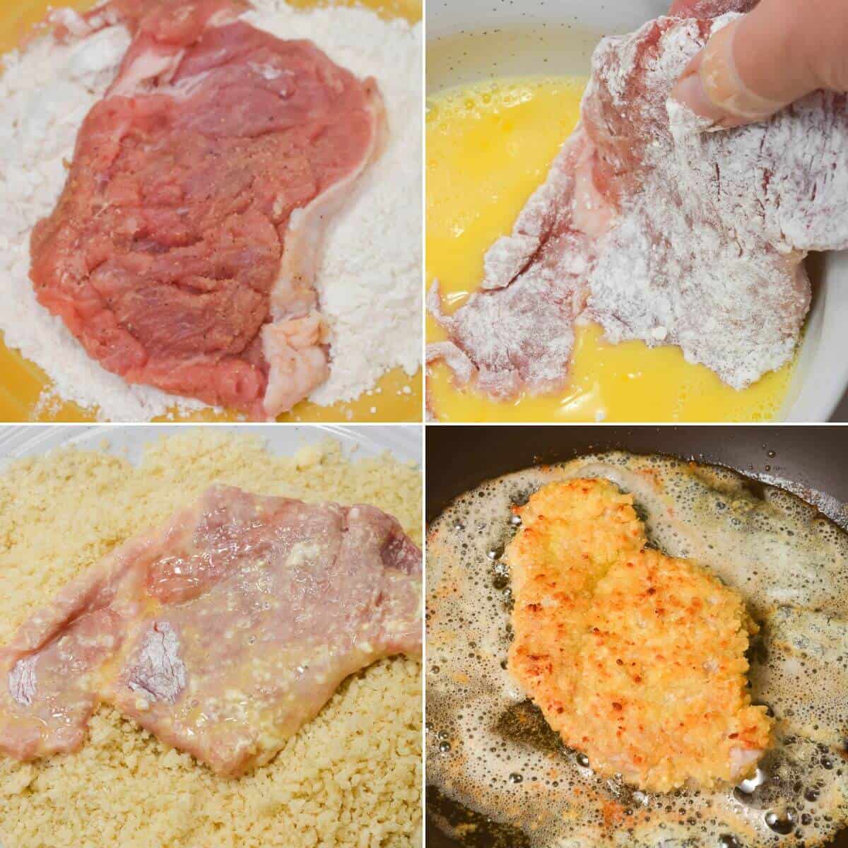 Four-step process of breading and frying pork cutlet: coating in flour, dipping in egg wash, covering with breadcrumbs, and frying in oil.