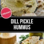 A bowl of creamy dill pickle hummus is topped with chickpeas and crunchy pickle pieces, surrounded by pieces of flatbread.