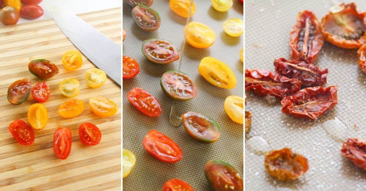 The tomato halves on a baking sheet before and after cooking.