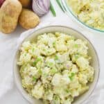 A top shot of the classic potato salad.