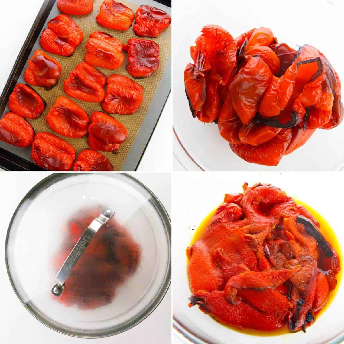 Four stages of preparing Roasted Red Bell Peppers: peppers roasted on a tray, stacked in a bowl, covered to steam, then peeled with skins removed and drizzled with olive oil.