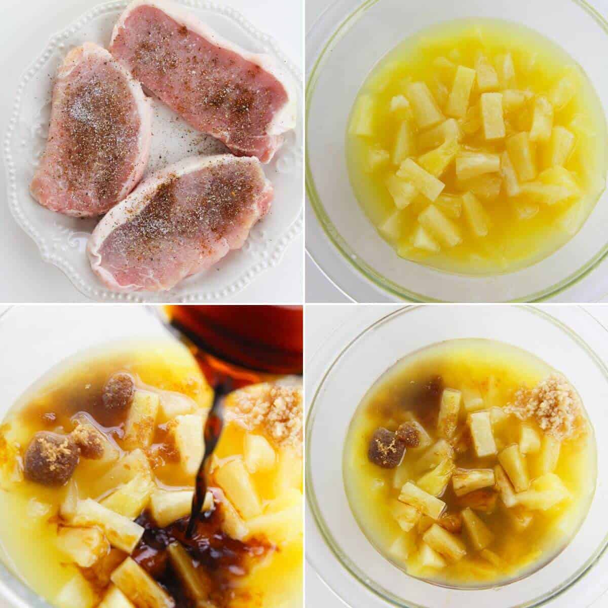 Four-step process: seasoned raw pineapple pork chops on a plate, chopped pineapple in juice, pineapple with added sauces and brown sugar, and a mixed pineapple marinade with seasonings in bowls.