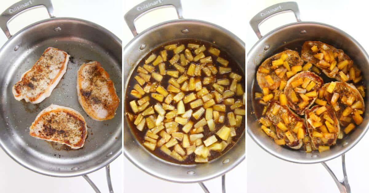 Three-step cooking process in a stainless steel pan: cooking the fruit glaze.