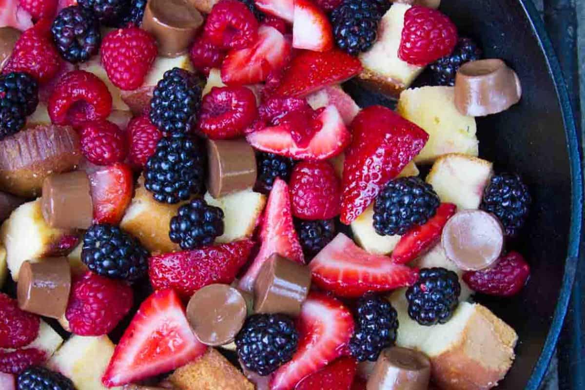 A close-up of sliced strawberries, raspberries, blackberries, chocolate pieces and cubes of cake arranged together for a flavor-packed treat perfect for camping recipes.