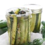 A glass jar filled with cucumber slices, herbs, and spices, with a closed jar of pickles and fresh herbs in the background.