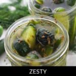 Two glass jars filled with sliced cucumbers, dill, and garlic submerged in brine are labeled as "Zesty Refrigerator Garlic Dill Pickles," highlighting the classic taste of homemade Garlic Dill Pickles.