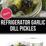 A jar filled with Garlic Dill Pickles, featuring sliced cucumbers, dill, and spices in brine for a crisp and flavorful snack.