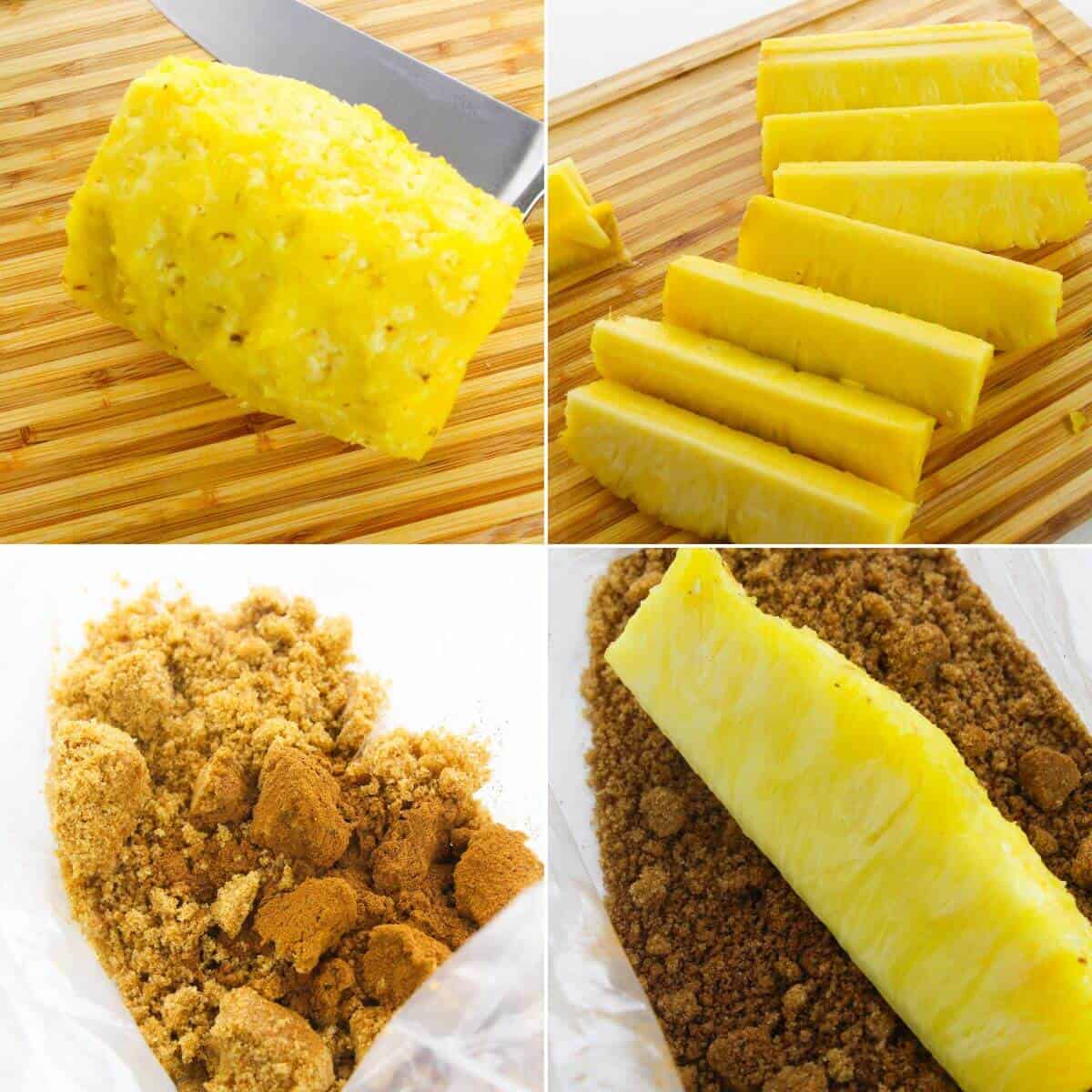 Four-step process: peeled pineapple being sliced, brown sugar and spices in a bag, then a pineapple stick coated with the sugar mixture—perfect for making delicious Roasted Pineapple.