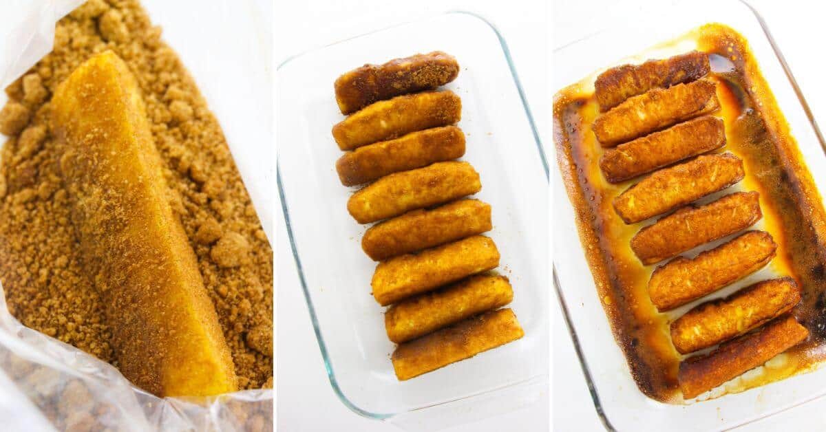 Three steps coated in brown sugar, arranged in a baking dish, and baked caramelized fruit.