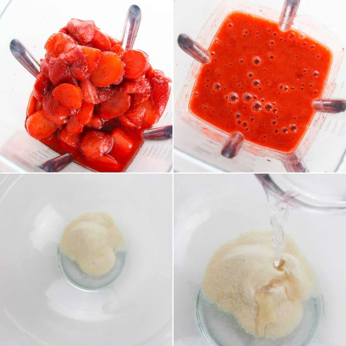 A collage of four images shows the process of making Strawberry Pudding: strawberries in a blender, blended strawberries, gelatin powder in a bowl, and water being poured onto the gelatin.