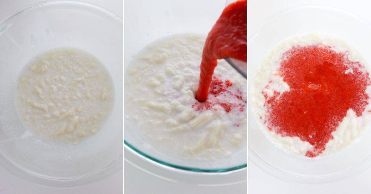 Three-step process showing a glass bowl with Strawberry Pudding, then strawberry puree being poured in, and finally the puree partially mixed with the pudding.