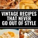 Four close-up images of classic comfort foods: sloppy joe sandwich, scalloped potatoes, ambrosia salad with mandarin orange, and baked beans with a fork. Text: "Timeless recipes that never go out of style.