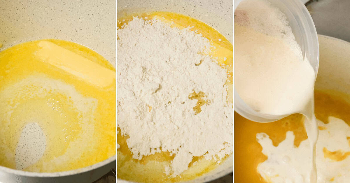 Three images show steps of making a roux for White Cheddar Mac and Cheese: melting butter, adding flour, and pouring milk into the mixture in a saucepan.