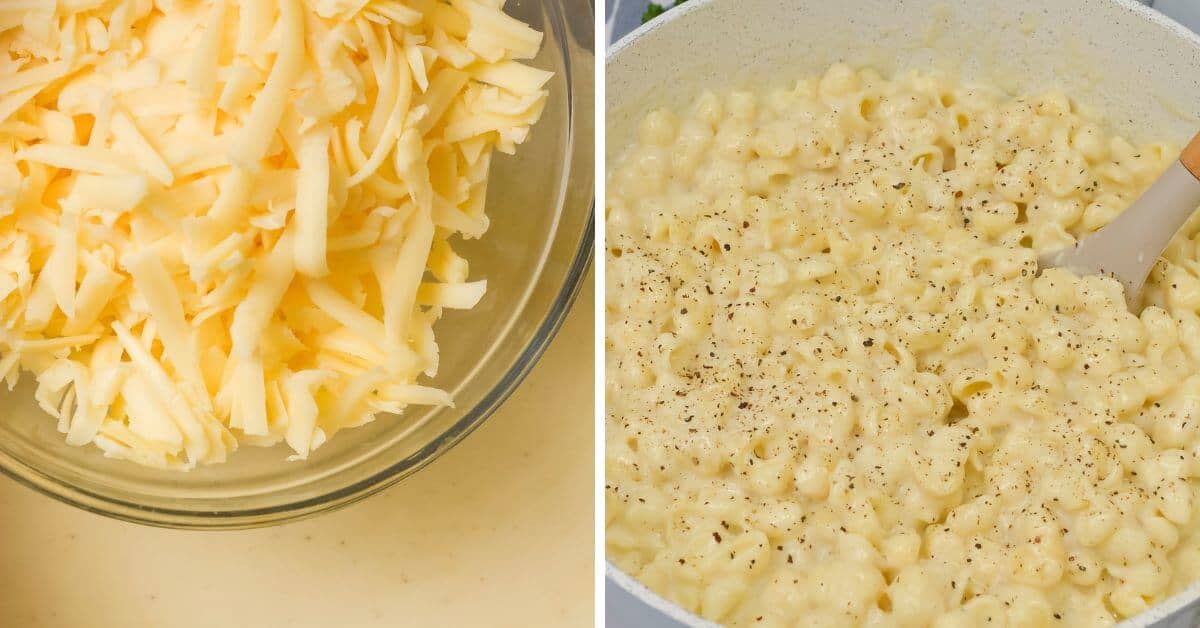 Left: A glass bowl filled with shredded cheese. Right: A pot of the side dish  topped with ground black pepper, being stirred with a spoon.