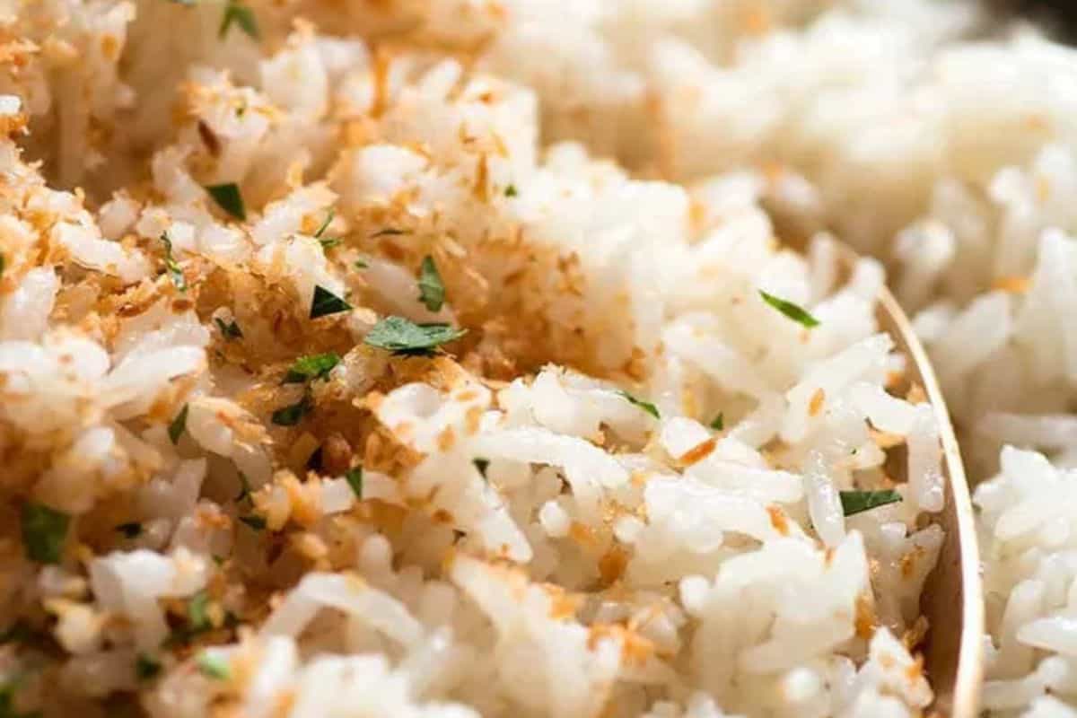 Close-up of cooked white rice topped with brown seasoning and small green herb pieces—perfect for coconut recipes or as a base for your favorite coconut dishes.