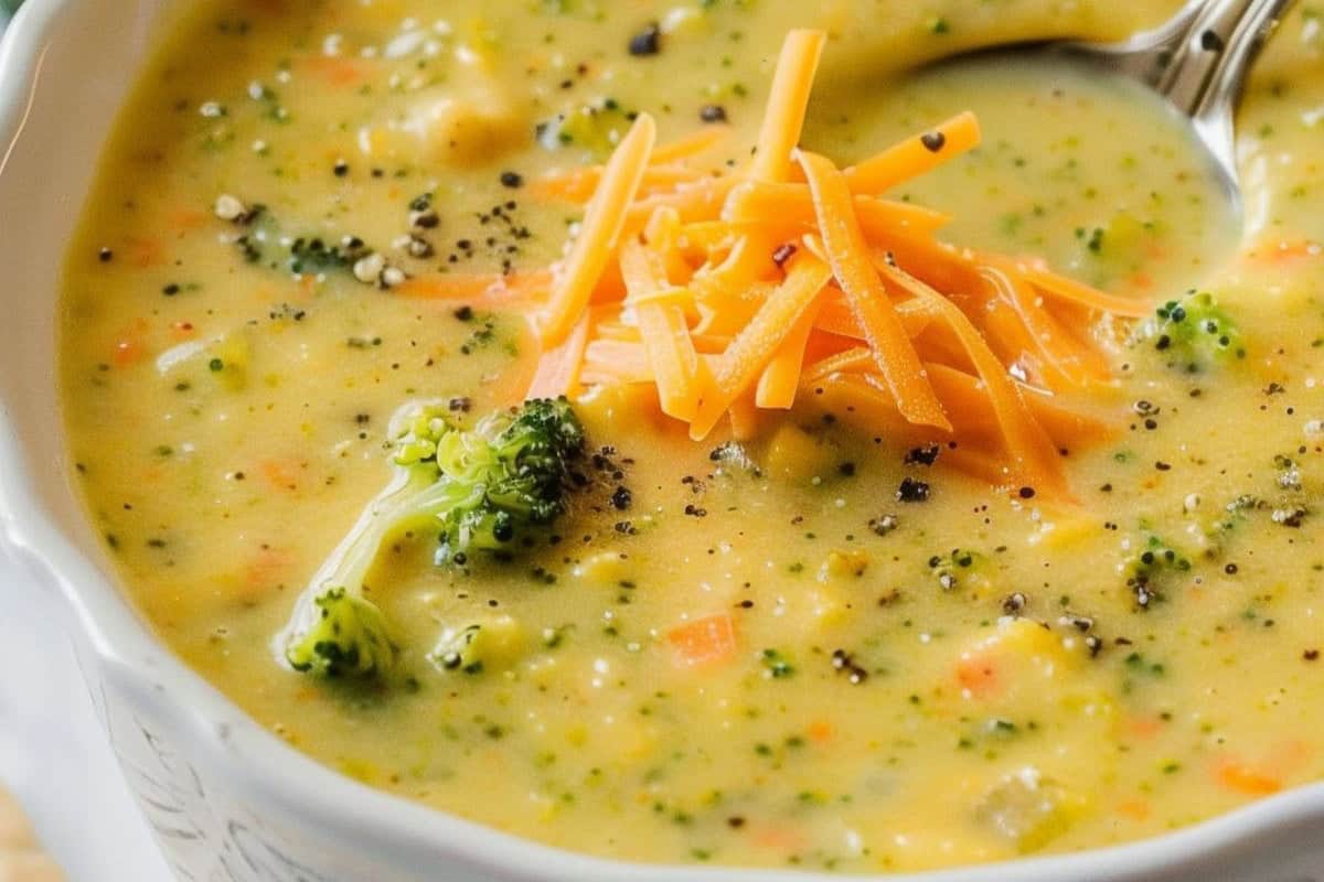 A close-up of delicious broccoli cheddar soup in a bowl, topped with shredded cheddar cheese and black pepper—perfect for picky eaters, with a spoon partially visible.