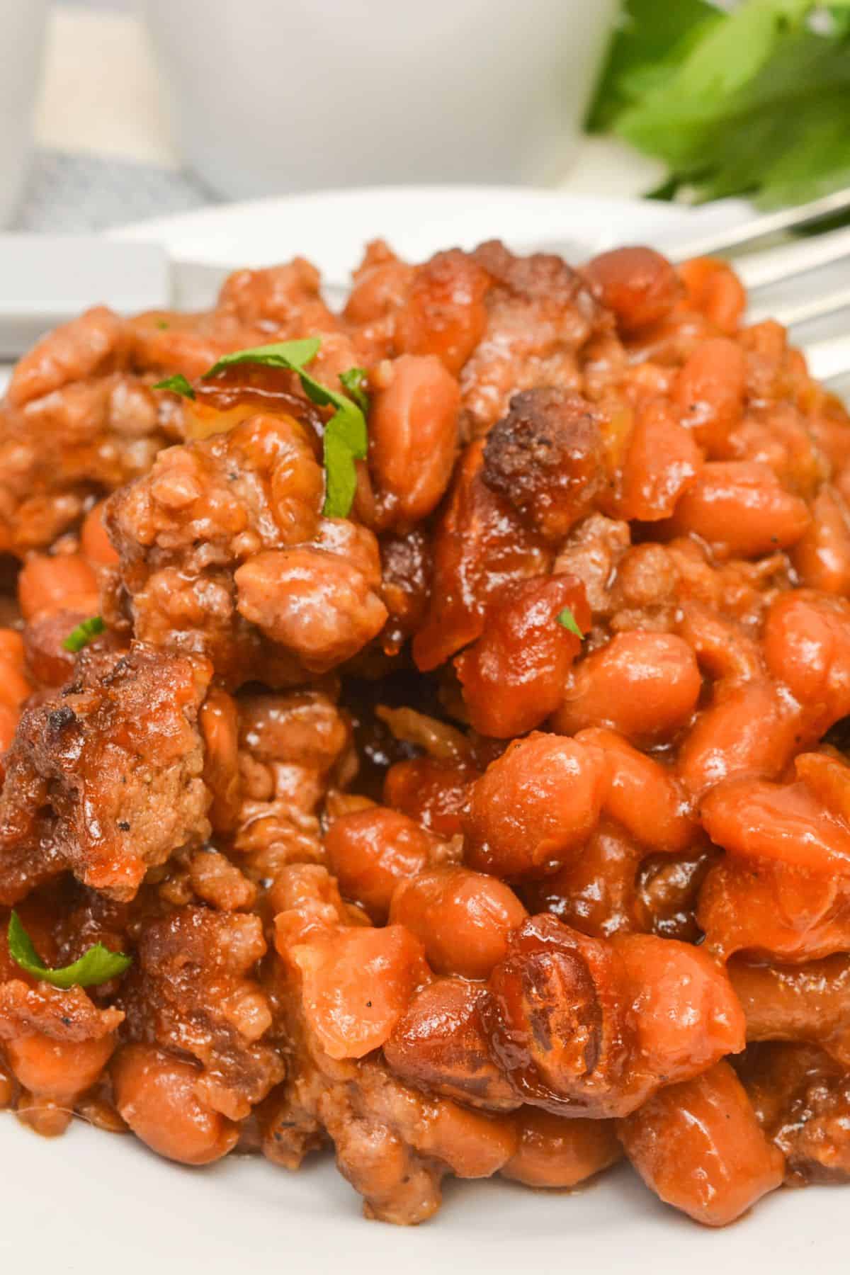 A white plate with baked beans with ground beef.