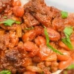 A heaping spoonful of baked beans with ground beef.