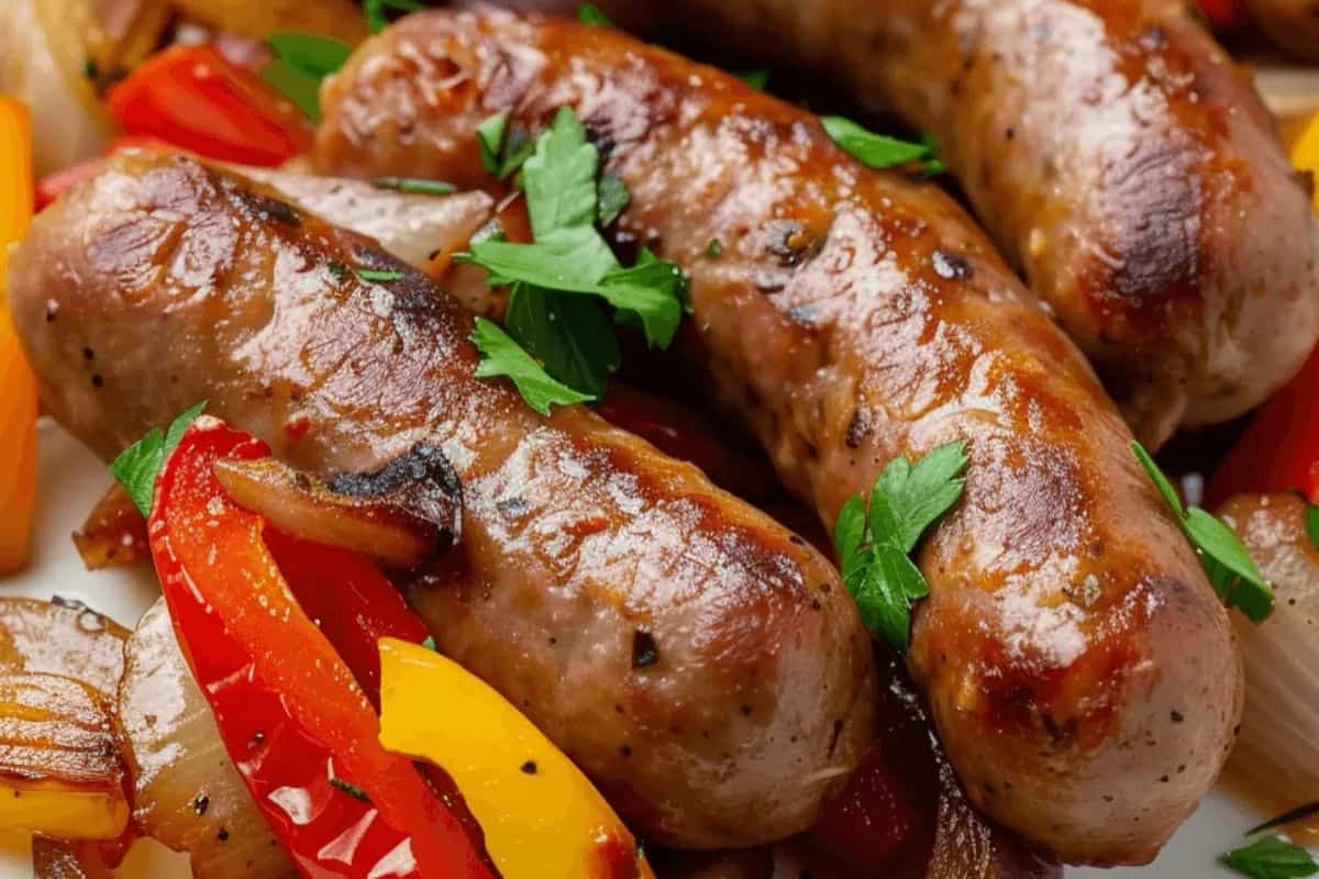 Close-up of some sausage links and red and yellow bell peppers.