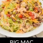 A plate of Big Mac Salad with ground beef, shredded cheese, lettuce, tomatoes, pickles, and sesame seeds, captioned "Big Mac Salad" at the bottom.