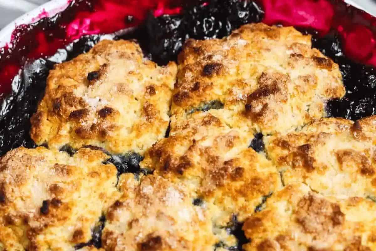 Close-up of blueberry cobbler.