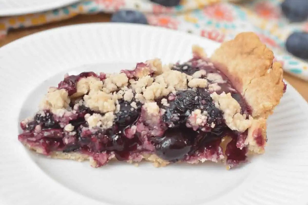Image of a slice of blueberry crumb pie on a white plate.