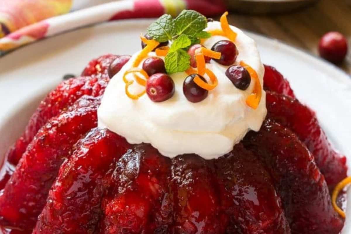 A molded cranberry gelatin dessert inspired by Vintage Jello Salad Recipes, topped with whipped cream, fresh cranberries, orange zest, and a sprig of mint on a white plate.
