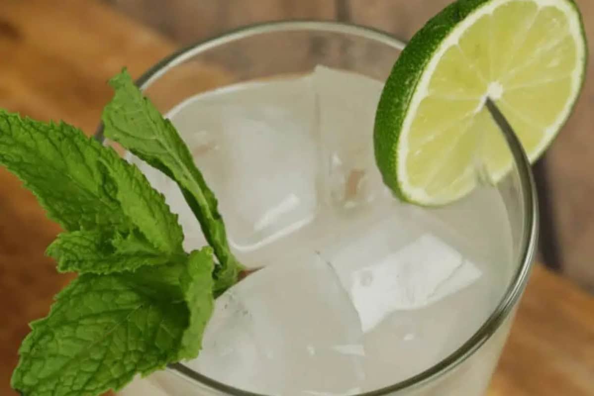 A glass of iced beverage, inspired by flavored moonshine recipes, garnished with a sprig of mint and a slice of lime.