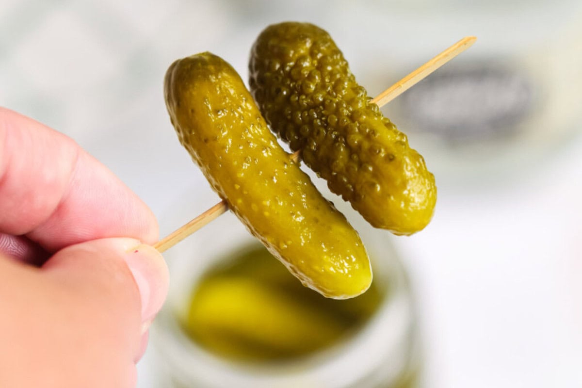 A hand holds a wooden skewer with two small pickles above an open jar of pickles—perfect for garnishing your favorite flavored moonshine recipes.