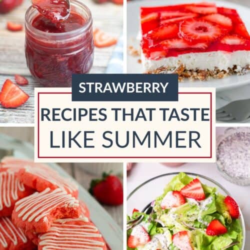 A collage of strawberry dishes—jam, dessert bars, cookies with icing, and salad—with the text "Strawberry Recipes That Taste Like Summer" in the center, perfect for those seeking delightful recipes or unforgettable summer recipes.