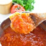 A wooden spoon with stewed tomatoes on it.